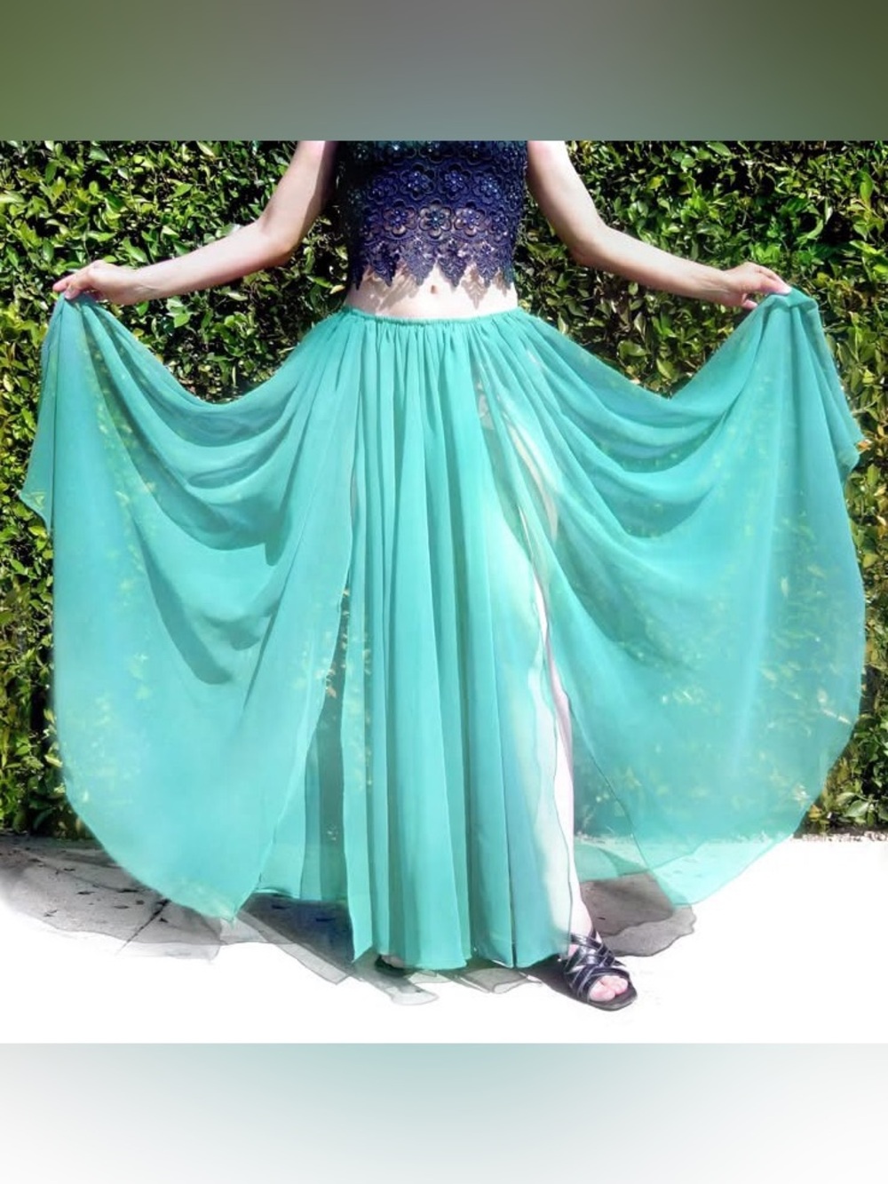 Aqua Green Chiffon Skirt with 2 slits. Ameynra design. New